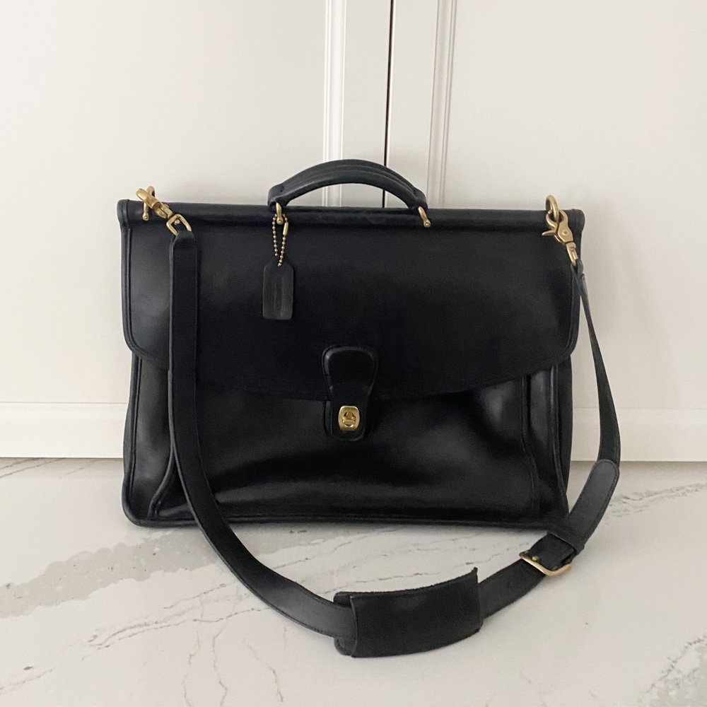 Coach Black Leather Briefcase with Gold Accents